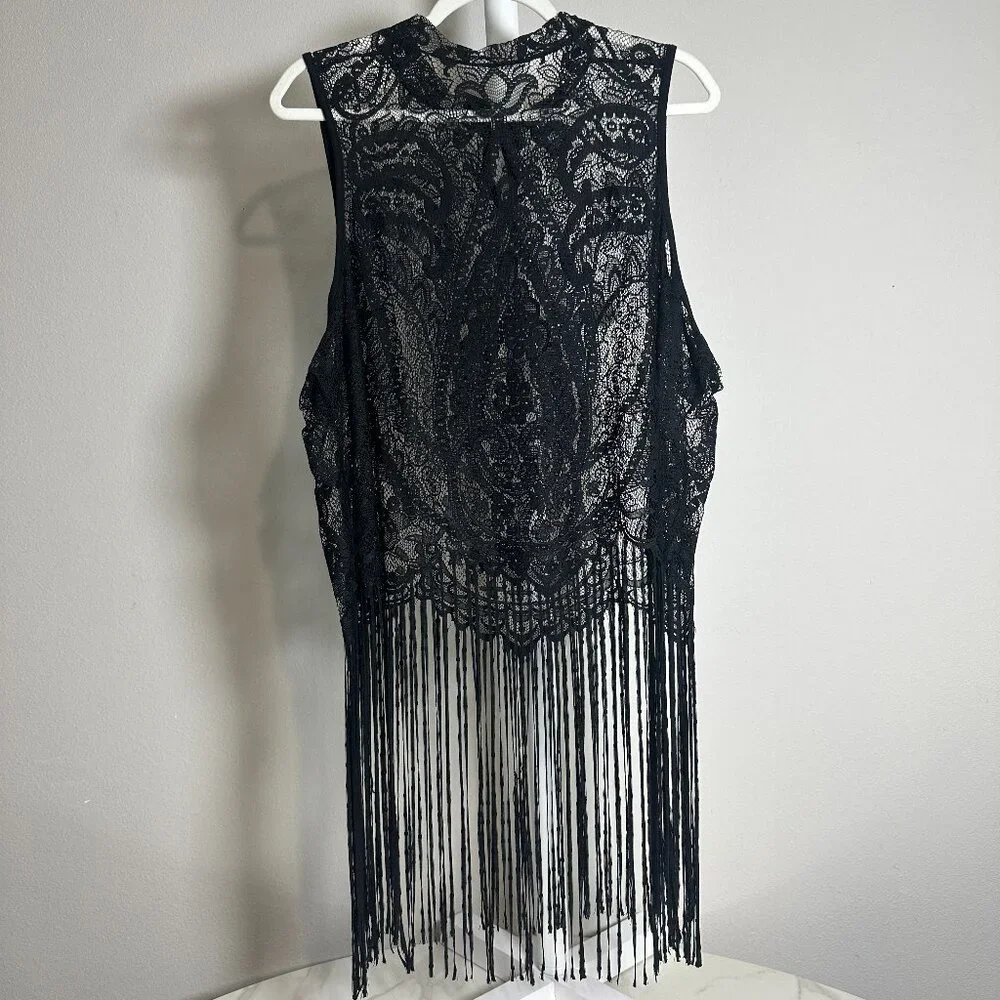 Black Lace High Neck Tank with Long Fringe - Picture 1 of 4
